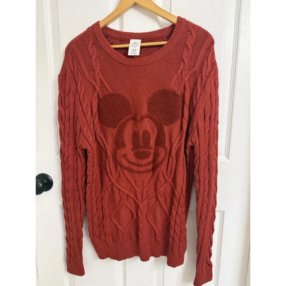 Disney Mickey Mouse Cable Knit Sweater Red Textured Crewneck Holiday Heavy Large
